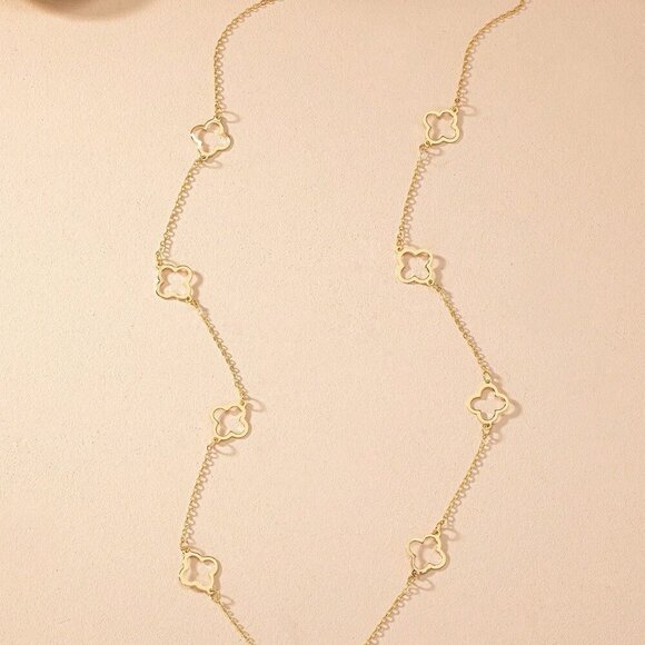 Yellow Gold Women's One Hollow Out Clover Pendant Long Chain Vintage Neclace - Picture 3 of 6